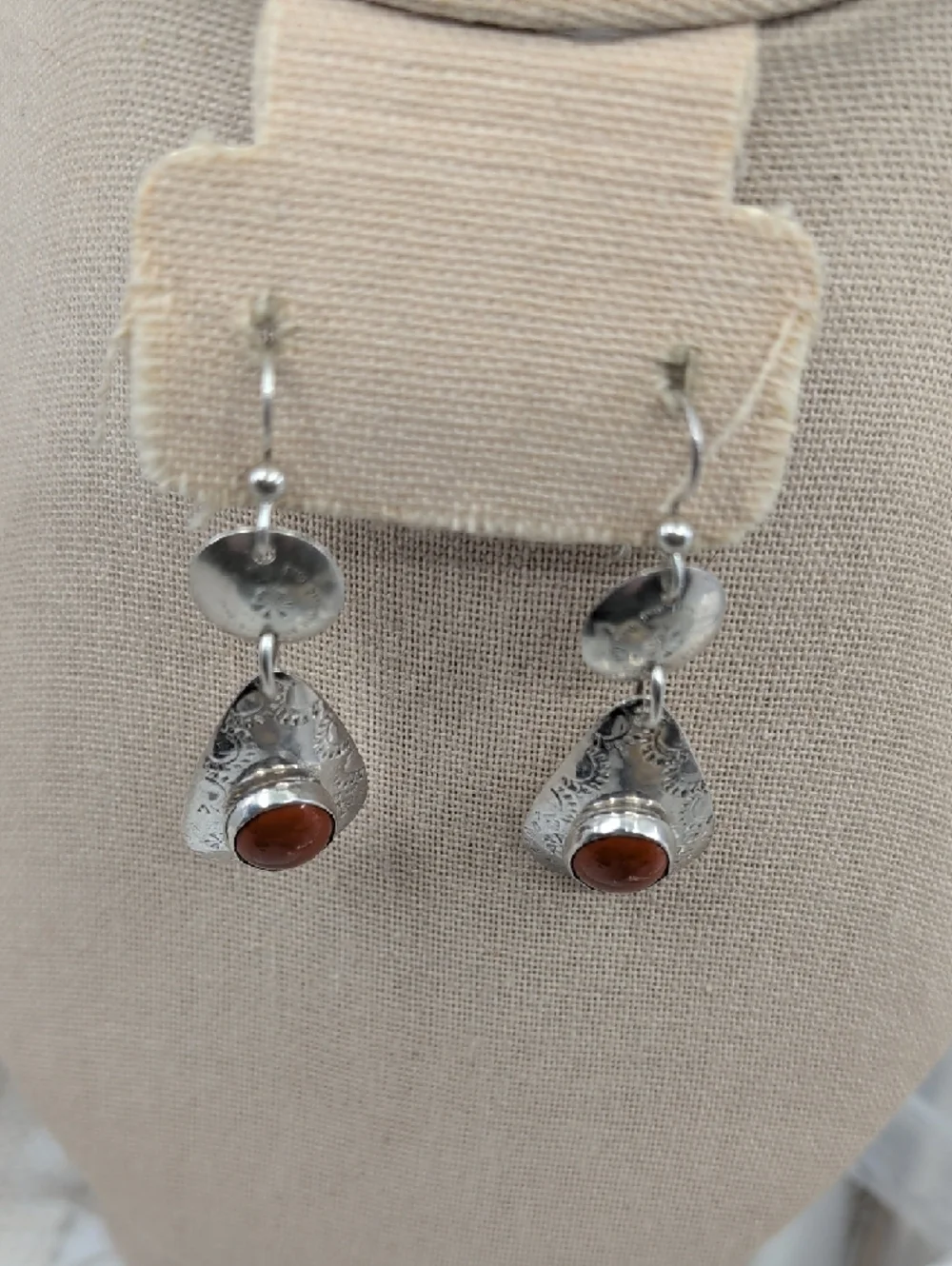 Vintage Sterling Silver Red Coral Cabochon Teardrop Dangle Earrings Artisan